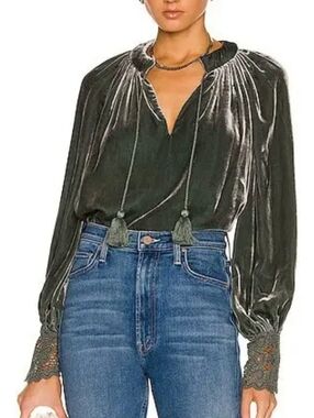 Ulla Johnson Olive Green Velvet Tassel Blouse